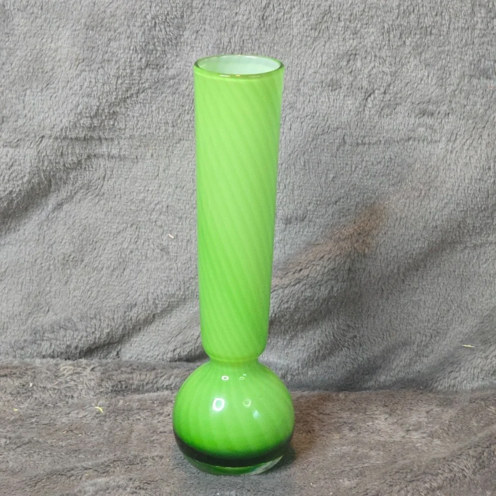 Vintage Green Cased Glass Bud Vase Swirl Stripe Satin Bulbous Base Empoli Style